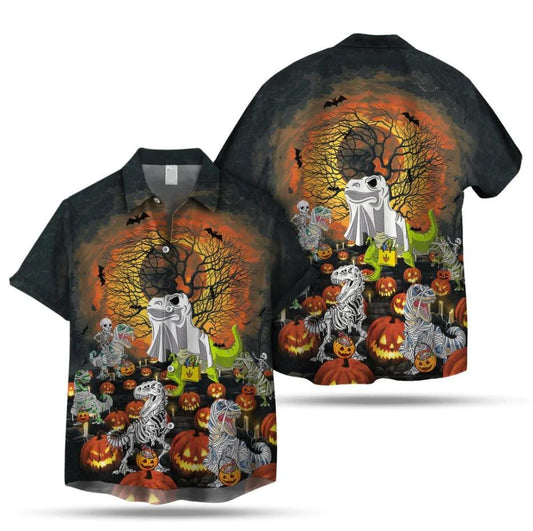 Happy Halloween Dinosaur In Pumpkin Patch Hawaiian Shirt, Hawaiian For Gift