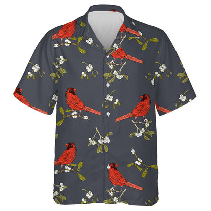Little Red Cardinal Bird And Branch Of Mistletoe Hawaiian Shirt, Hawaiian Shirt Gift, Christmas Gift