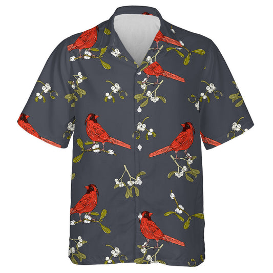 Little Red Cardinal Bird And Branch Of Mistletoe Hawaiian Shirt, Hawaiian Shirt Gift, Christmas Gift