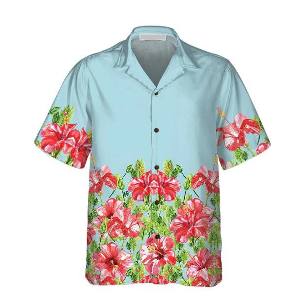 Watercolor Hibiscus Flower Light Blue Theme Design Hawaiian Shirt, Hawaiian Shirt Gift, Christmas Gift