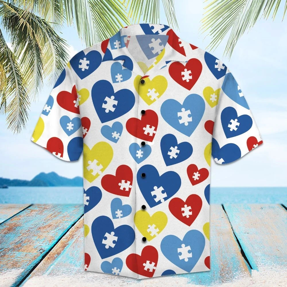 Tricolor Hearts With White Autism Puzzle Hawaiian ShirtHawaiian Shirt Gift, Christmas Gift