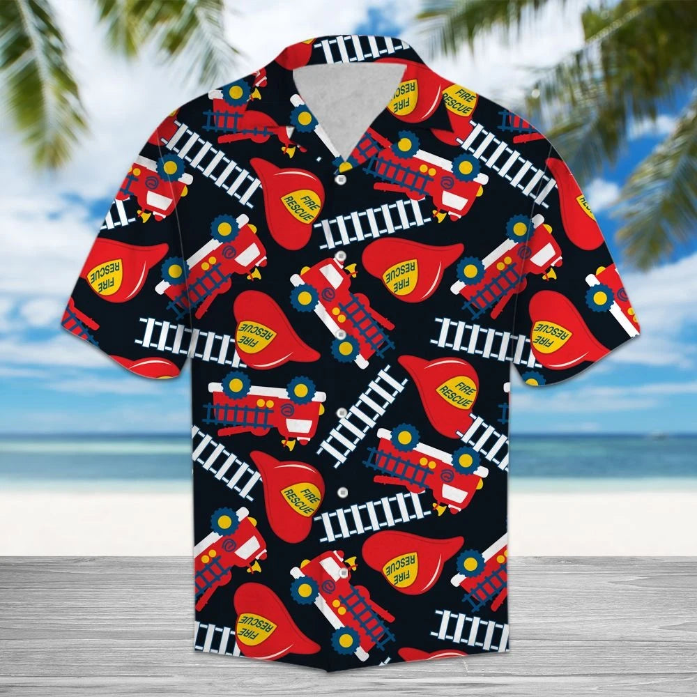 Firefighter With Ladder And Helmet Hawaiian Shirt,Hawaiian Shirt Gift, Christmas Gift