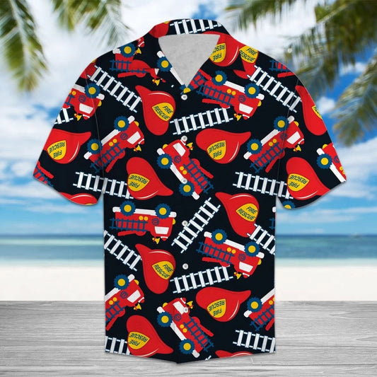 Firefighter With Ladder And Helmet Hawaiian Shirt,Hawaiian Shirt Gift, Christmas Gift