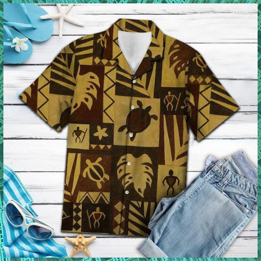 Native American Sea Turtle Khaki And Brown Pattern Hawaiian Shirt, Hawaiian Shirt Gift, Christmas Gift