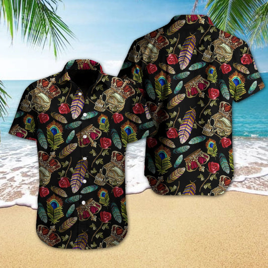 Skull Rose Feather Cool Design Hawaiian Shirt,Hawaiian Shirt Gift, Christmas Gift