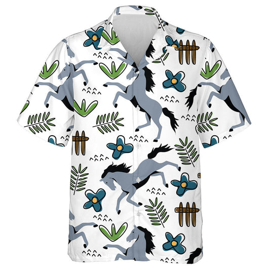 Horse Hand Drawn And Flora In Cartoon Style Hawaiian Shirt, Hawaiian Shirt Gift, Christmas Gift