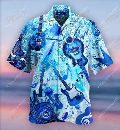 Blue Ice Guitar Short Hawaiian Shirt Hobbies Short Sleeve Tactical Hawaiian Shirt Funny Hawaiian Shirts, Hawaiian Shirt Gift, Christmas Gift