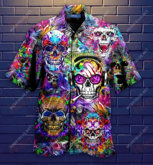 Colorful Evil Skull Short Short Sleeve Shirt Hobbies Hawaiian T Shirts Hawaiian Crazy Shirts Hawaiian Shirts For Women, Hawaiian Shirt Gift, Christmas Gift