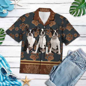 Cute Boston Terrier Flower Brown Paw Pattern Hawaiian Shirt, Hawaiian Shirt Gift, Christmas Gift