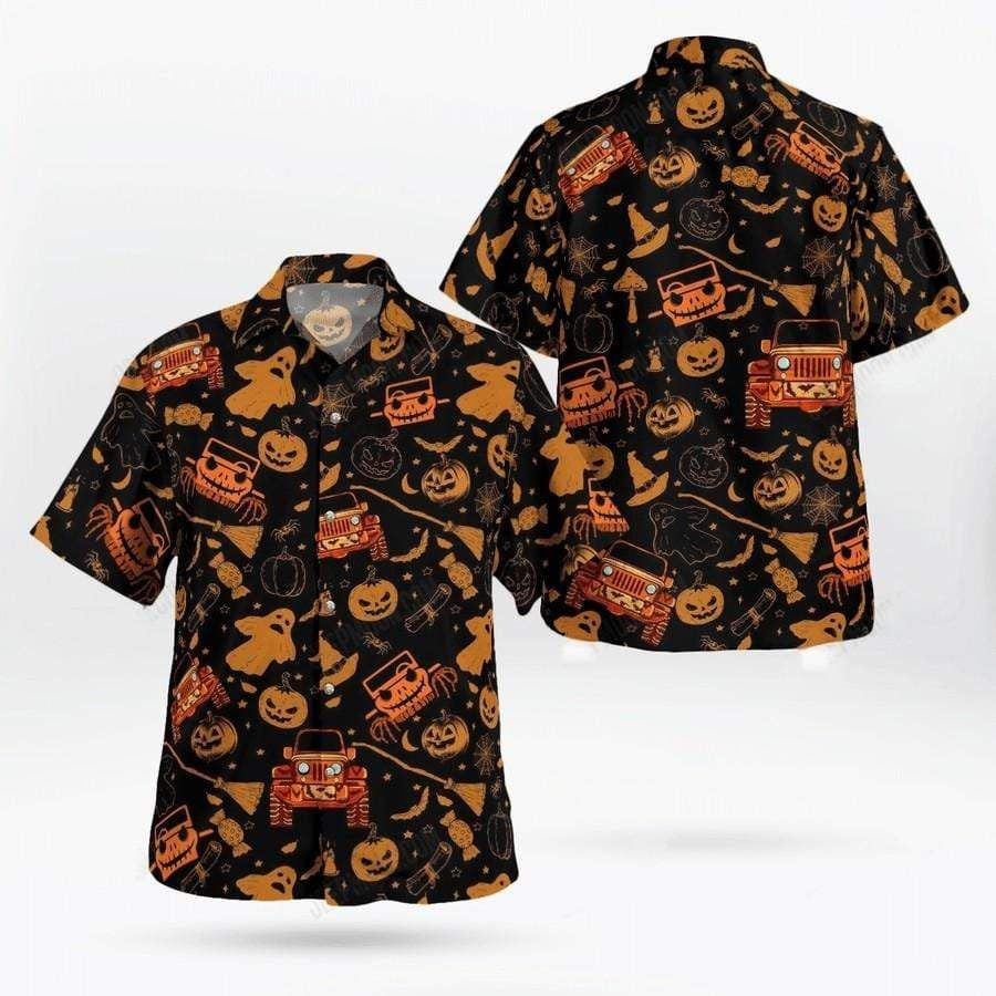 Illustration Hawaiian Shirt Jeep Halloween Pumpkin On Black, Hawaiian For Gift