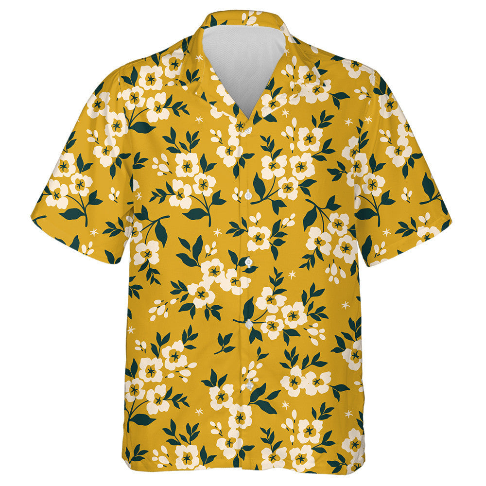 Trendy Small White Flowers And Leaves On Yellow Background Hawaiian Shirt, Hawaiian Shirt Gift, Christmas Gift