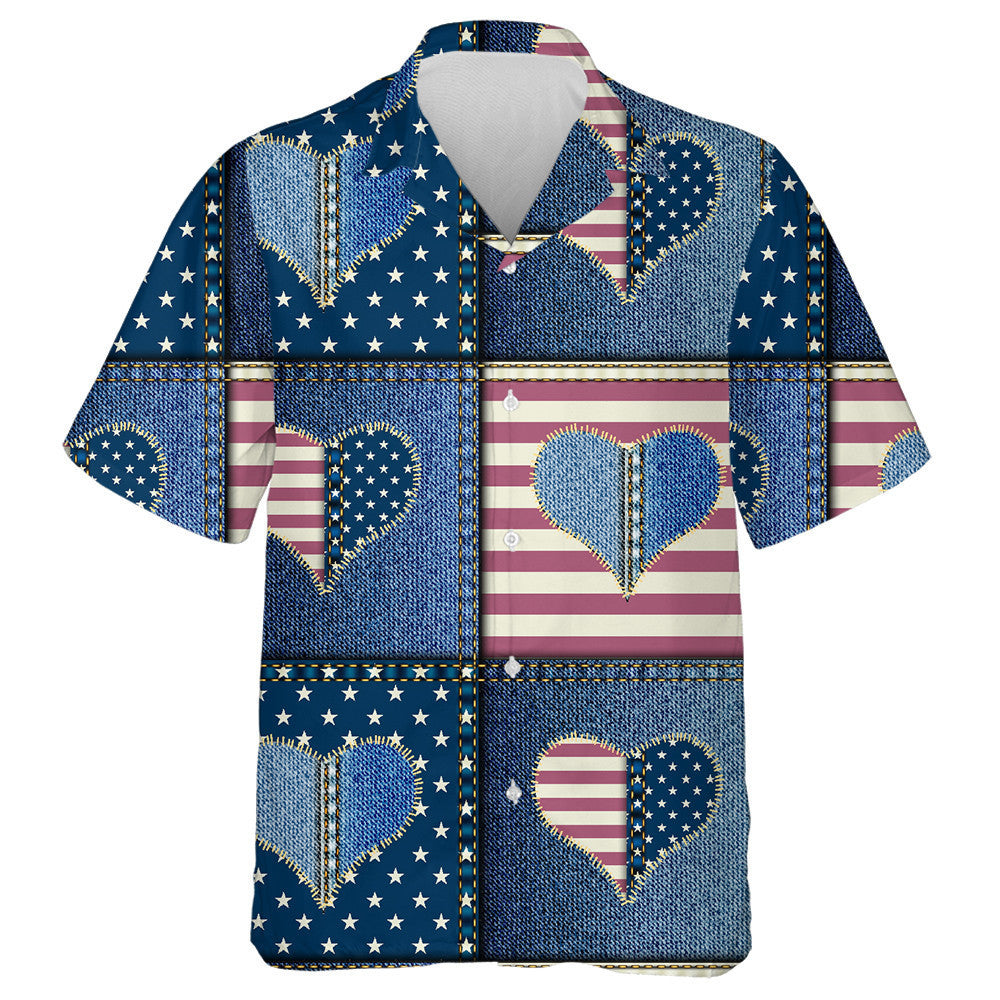 Denim Jean Knitted Patchwork With Heart And American Flag Hawaiian Shirt, Hawaiian Shirt Gift, Christmas Gift