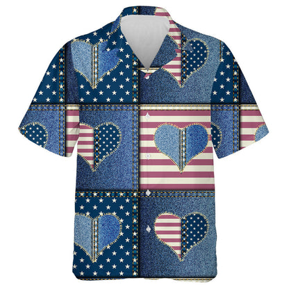 Denim Jean Knitted Patchwork With Heart And American Flag Hawaiian Shirt, Hawaiian Shirt Gift, Christmas Gift