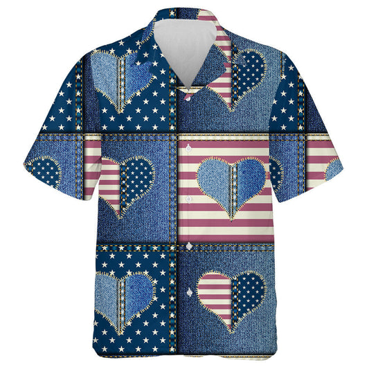 Denim Jean Knitted Patchwork With Heart And American Flag Hawaiian Shirt, Hawaiian Shirt Gift, Christmas Gift