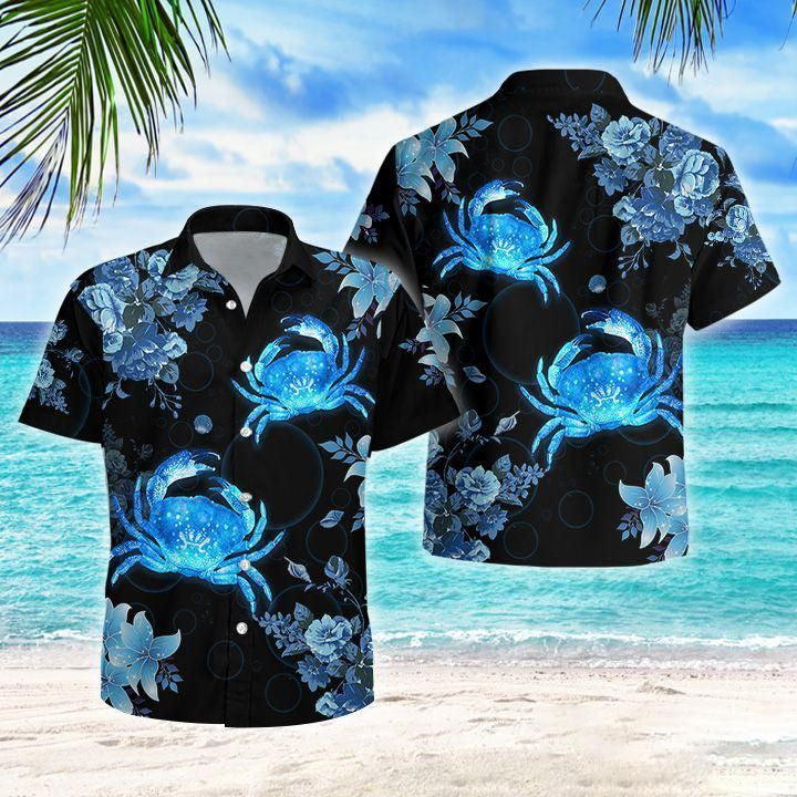 Crab And Flower Blue Pattern Black Theme Hawaiian Shirt, Hawaiian Shirt Gift, Christmas Gift