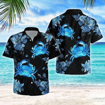 Crab And Flower Blue Pattern Black Theme Hawaiian Shirt, Hawaiian Shirt Gift, Christmas Gift