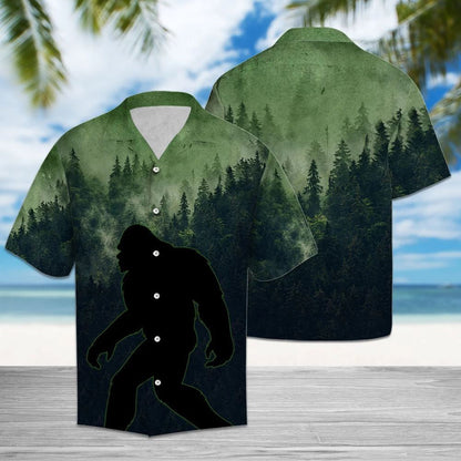 Black Bigfoot Walking At Mid Night Forest Pattern Hawaiian Shirt, Hawaiian Shirt Gift, Christmas Gift