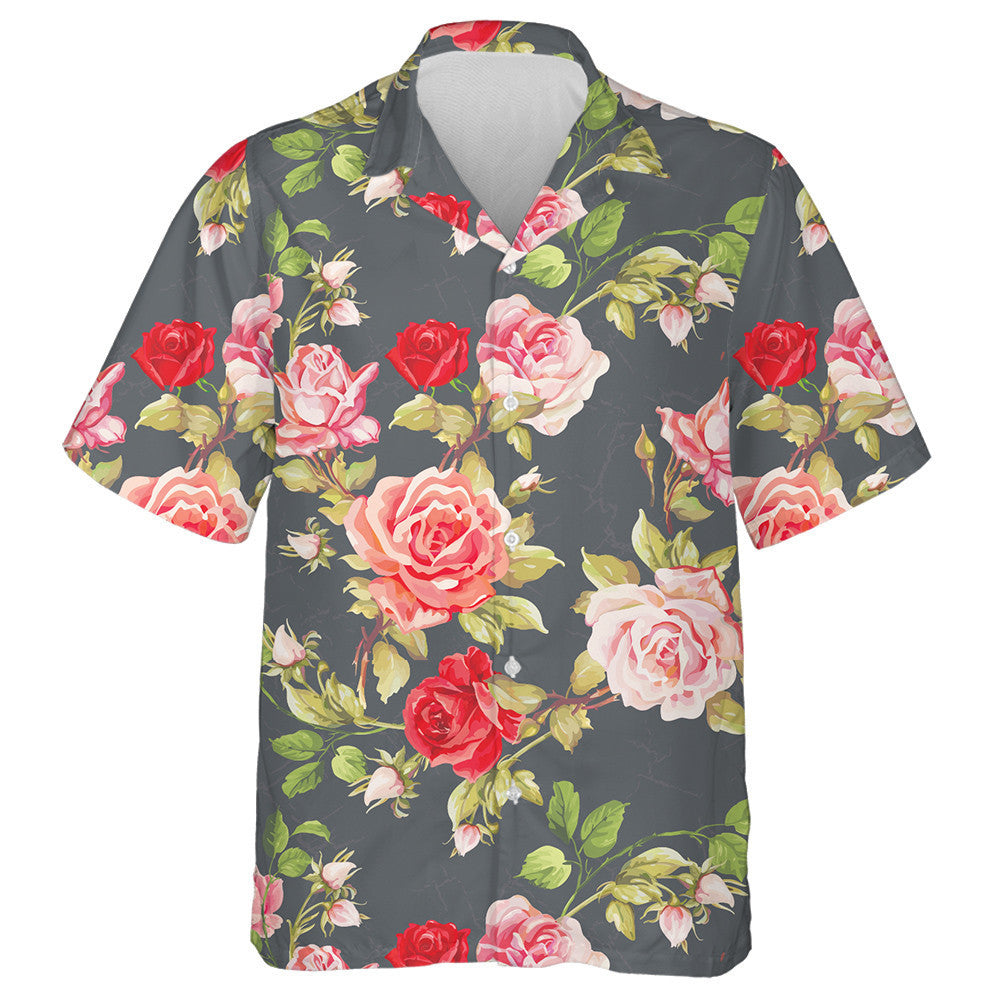 Pink And Red Roses On Branch Watercolor Art Design Hawaiian Shirt, Hawaiian Shirt Gift, Christmas Gift