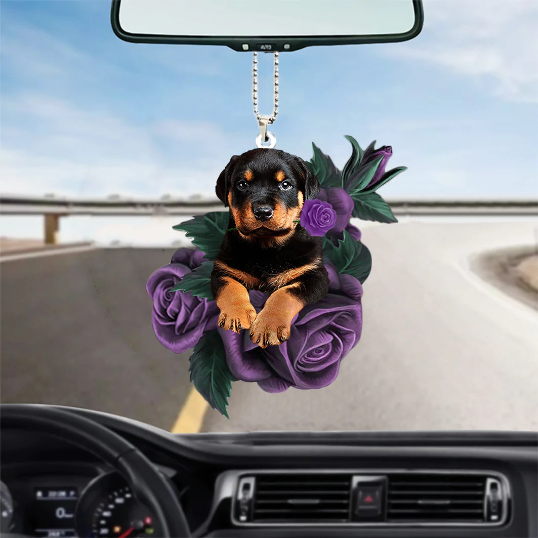 Rottweiler In Purple Rose Car Hanging Ornament, Christmas Decoration