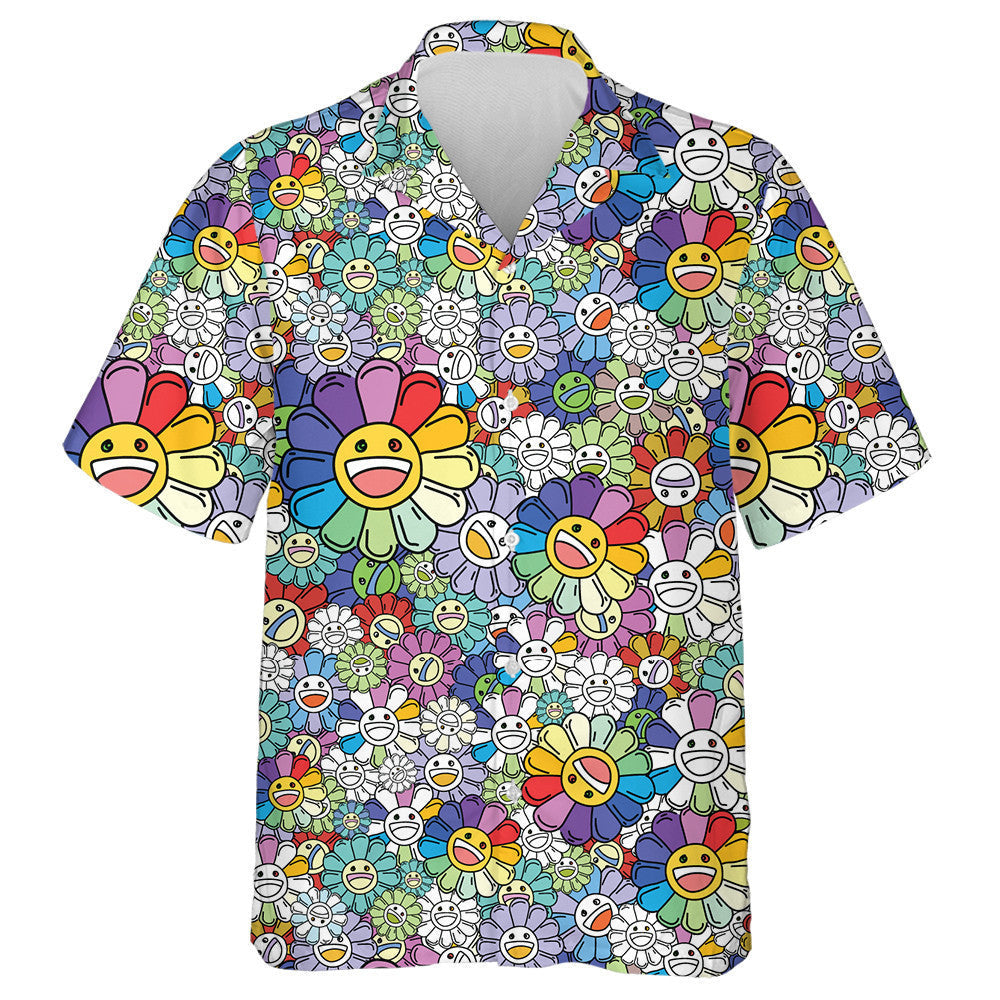 Cute Rainbow Sunflower Smiling Face Cartoon Doodle Style Hawaiian Shirt, Hawaiian Shirt Gift, Christmas Gift