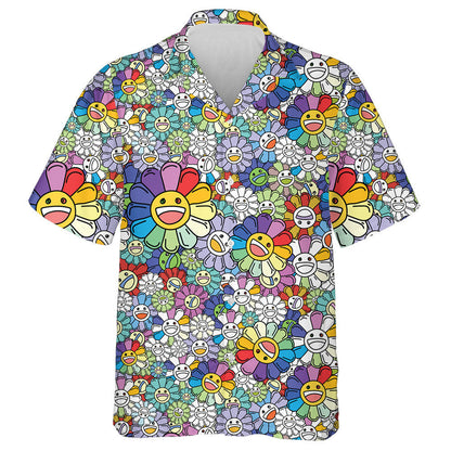 Cute Rainbow Sunflower Smiling Face Cartoon Doodle Style Hawaiian Shirt, Hawaiian Shirt Gift, Christmas Gift