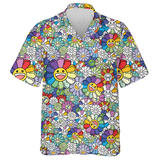 Cute Rainbow Sunflower Smiling Face Cartoon Doodle Style Hawaiian Shirt, Hawaiian Shirt Gift, Christmas Gift