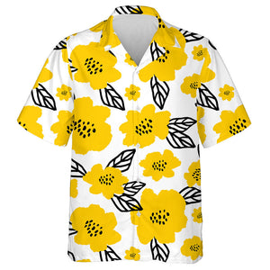 White Background With Doodle Yellow Floral And Leaves Pattern Hawaiian Shirt, Hawaiian Shirt Gift, Christmas Gift