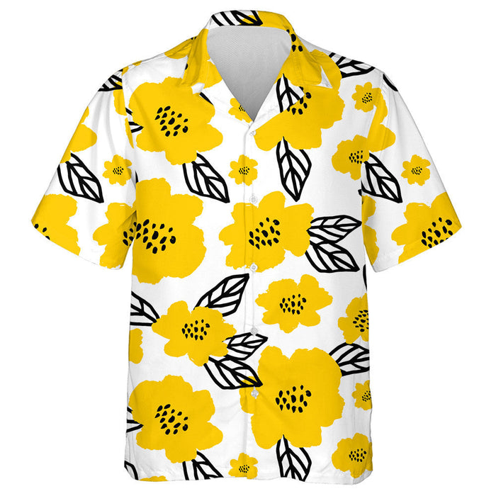 White Background With Doodle Yellow Floral And Leaves Pattern Hawaiian Shirt, Hawaiian Shirt Gift, Christmas Gift