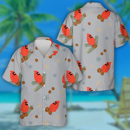 Watercolor Red Cardinal On Spruce Branch Hawaiian Shirt, Hwaiian For Gift