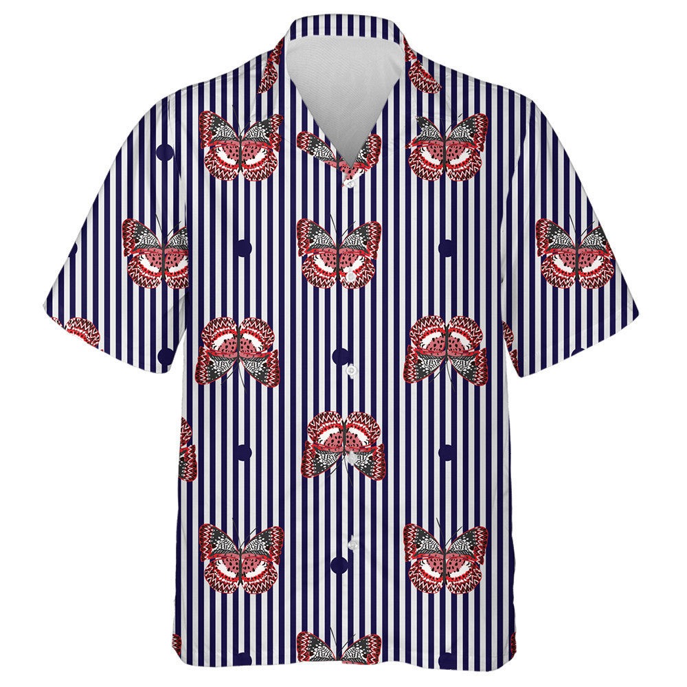 Theme Butterfly On Navy Blue And White Stripe Background Hawaiian Shirt, Hawaiian Shirt Gift, Christmas Gift