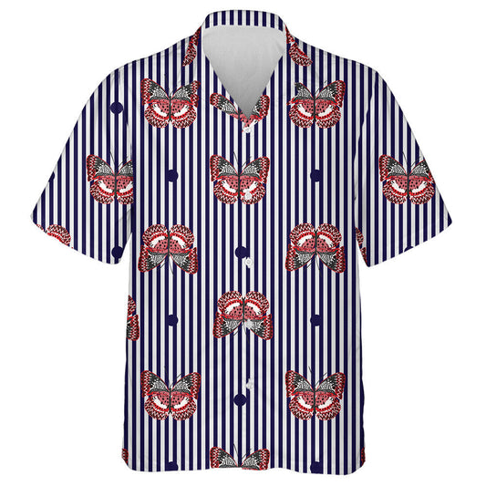 Theme Butterfly On Navy Blue And White Stripe Background Hawaiian Shirt, Hawaiian Shirt Gift, Christmas Gift
