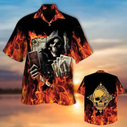 Flaming Golden Poker Skull With Playing Card Pattern Hawaiian Shirt, Hawaiian Shirt Gift, Christmas Gift