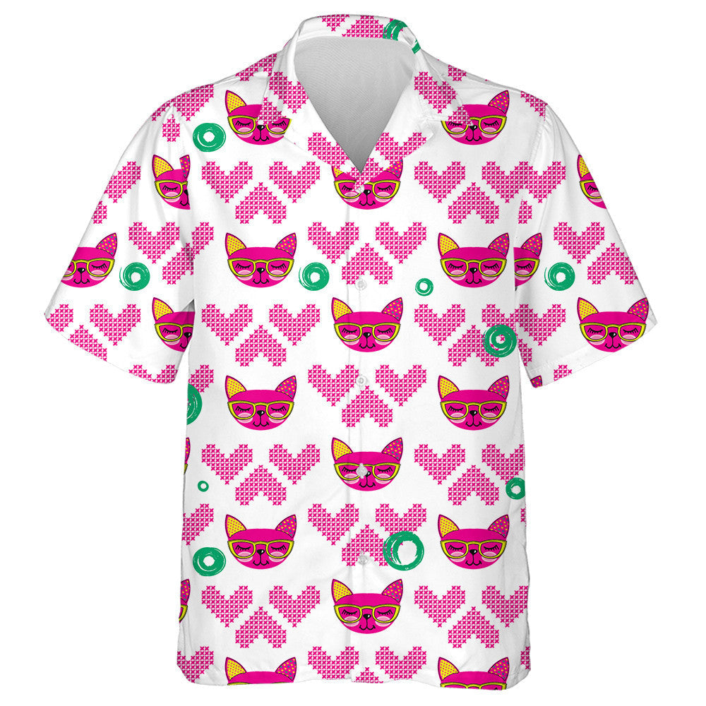 Pussy Cat Had Repeated Backdrop With Knitted Hearts Hawaiian Shirt, Hawaiian Shirt Gift, Christmas Gift