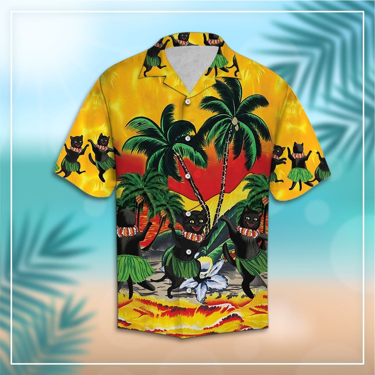 Cat Aloha Jumping On Sand Pattern Hawaiian Shirt, Hawaiian For Gift