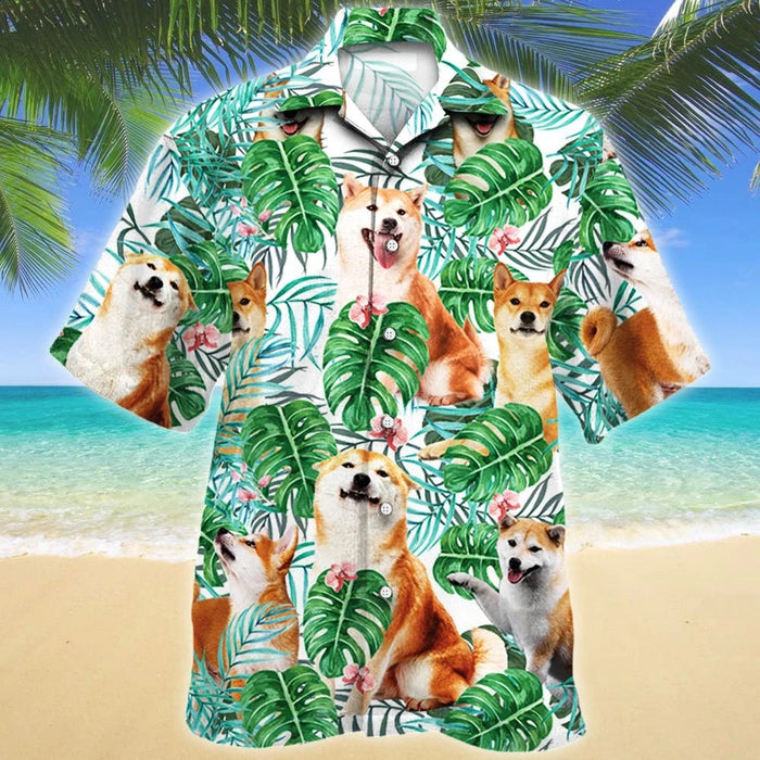 Adorable Shiba Inu Dog Tropical Plant Pattern Hawaiian Shirt, Hawaiian Shirt Gift, Christmas Gift