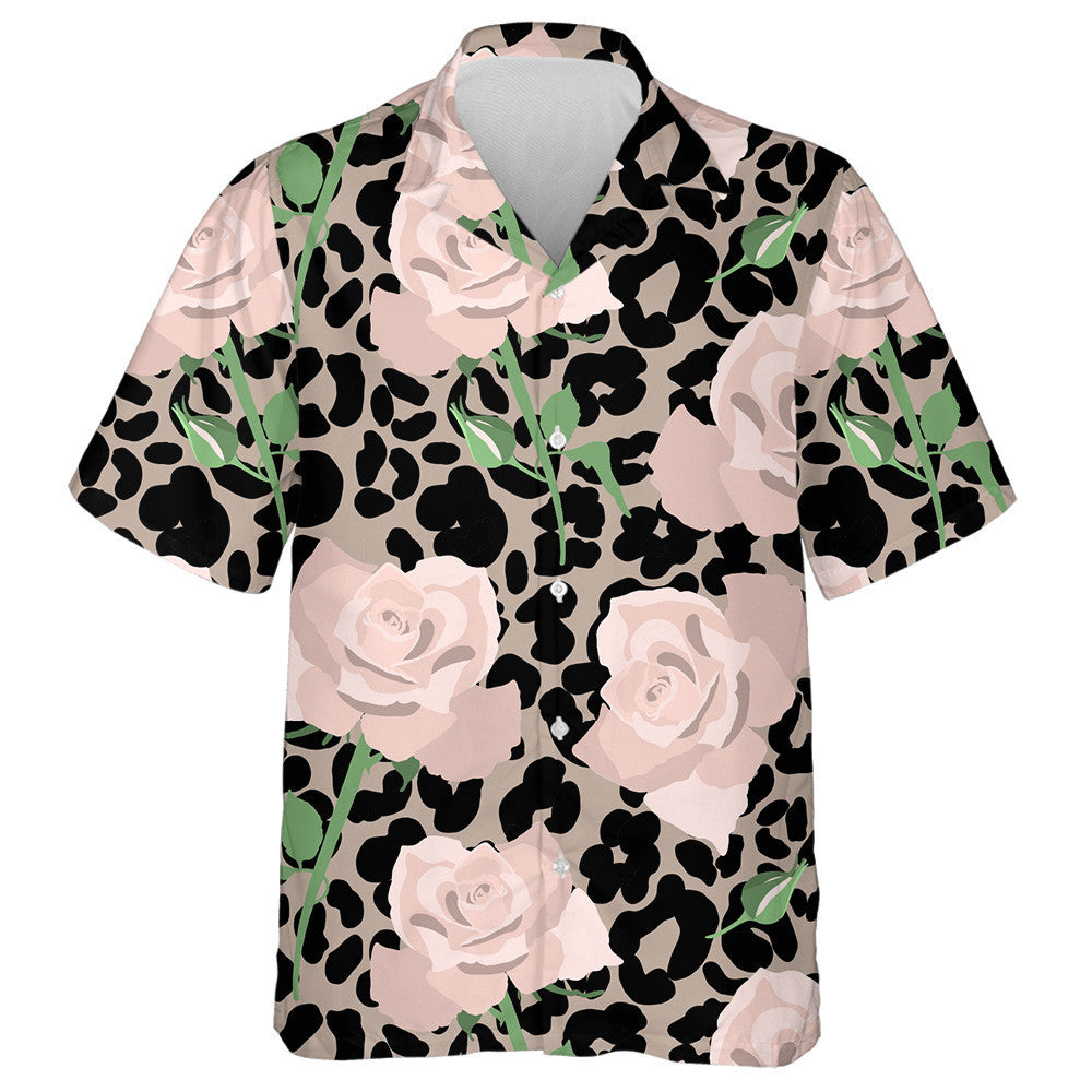 Hand Drawn Romantic Pastel Roses On The Leopard Hawaiian Shirt, Hawaiian Shirt Gift, Christmas Gift