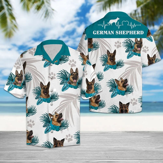 Love German Shepherd Heartbeat Pattern Hawaiian Shirt, Hawaiian For Gift