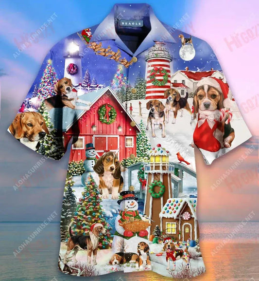 Beagles Welcome A Merry Christmas At Lighthouse Short Hawaiian Shirt Ocean Hawaiian T Shirts Vintage Hawaiian Shirts Hawaiian Shirts For Women, Hawaiian Shirt Gift, Christmas Gift