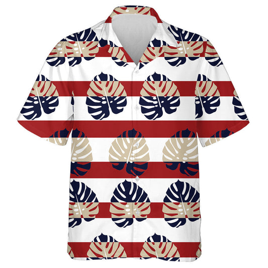 Tropical Monstera Leaf Pattern On Red Stripe Background Hawaiian Shirt, Hawaiian Shirt Gift, Christmas Gift