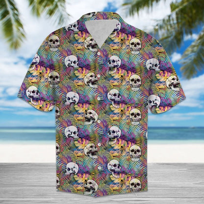 Hawaiian Shirt Neon Jungle With Tropical Flowers And Gray Skull Heads, Hawaiian Shirt Gift, Christmas Gift