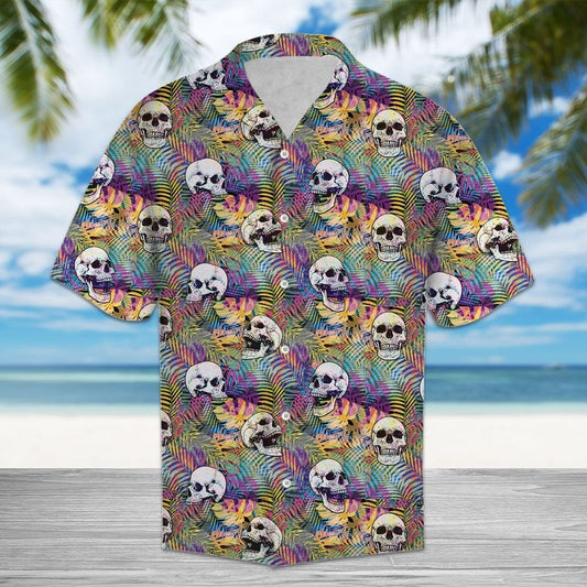 Hawaiian Shirt Neon Jungle With Tropical Flowers And Gray Skull Heads, Hawaiian Shirt Gift, Christmas Gift