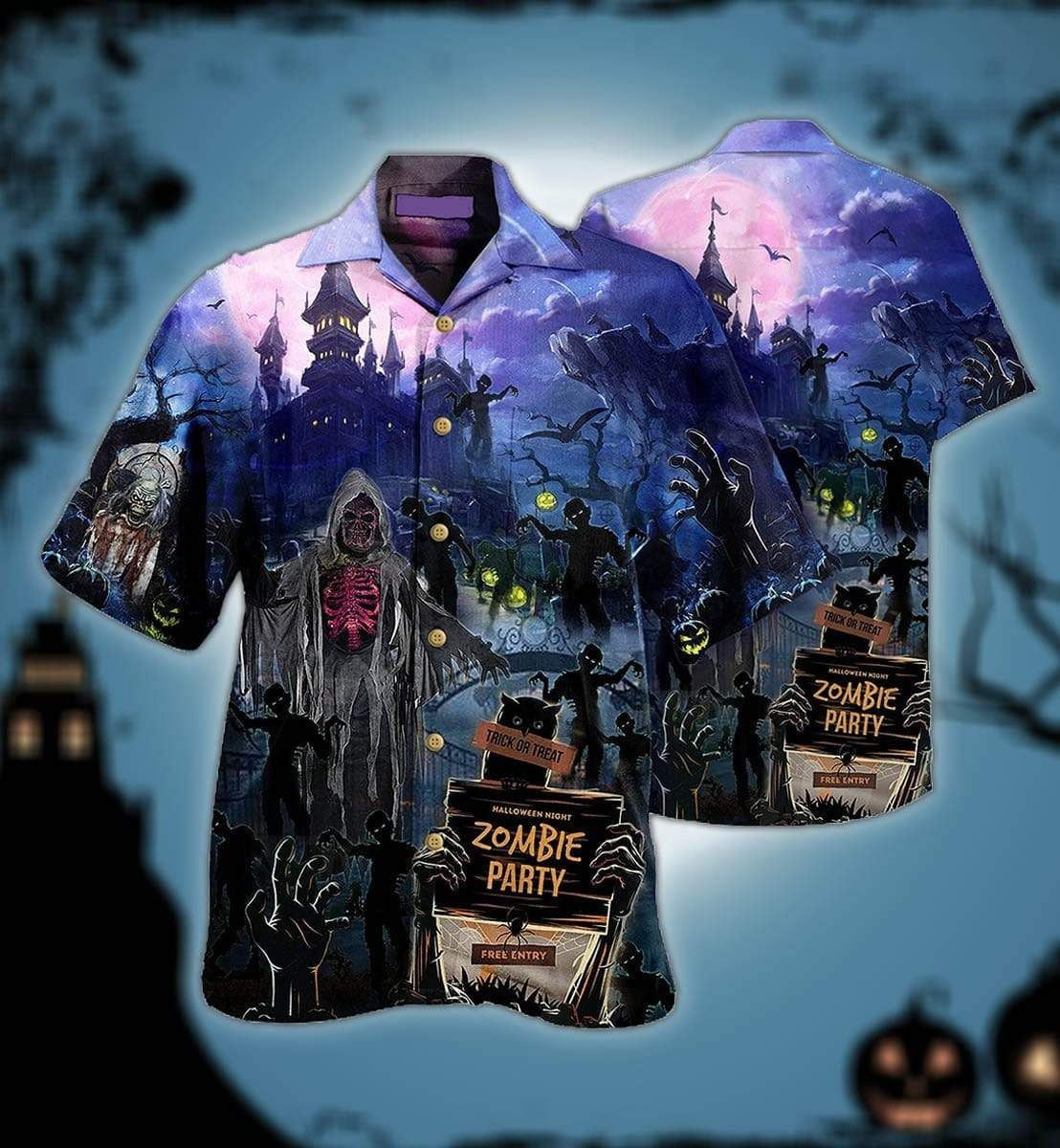 Halloween Zombie Party Trick Or Treat Background Hawaiian Shirt, Hawaiian Shirt Gift, Christmas Gift