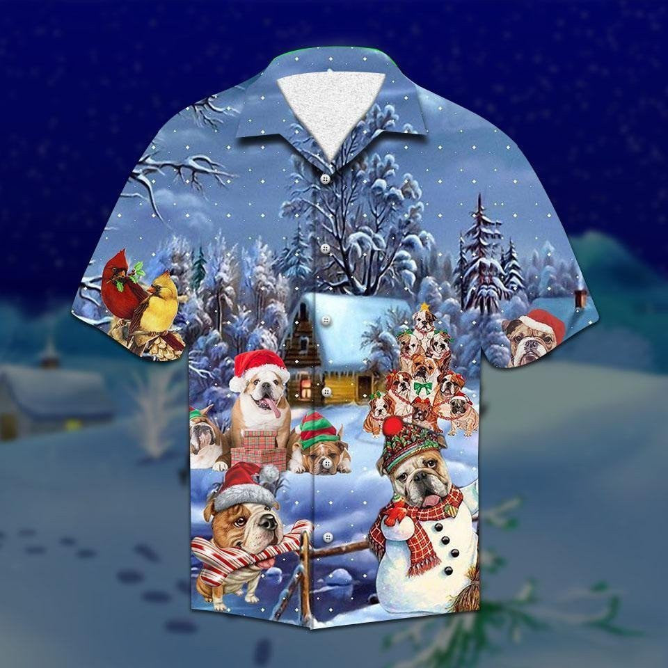 Bulldog With Bone And Christmas Gifts Pattern Hawaiian Shirt, Hawaiian Shirt Gift, Christmas Gift.