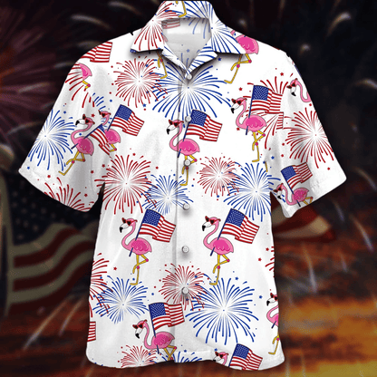 Pretty Flamingo And Flag Red And Blue Firework Hawaiian Shirt, Hawaiian Shirt Gift, Christmas Gift