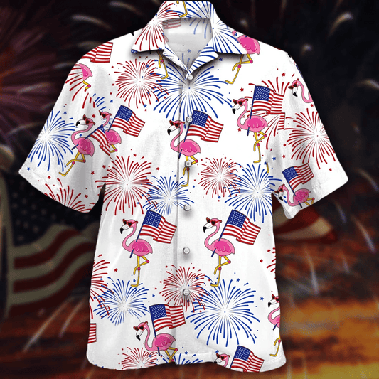 Pretty Flamingo And Flag Red And Blue Firework Hawaiian Shirt, Hawaiian Shirt Gift, Christmas Gift