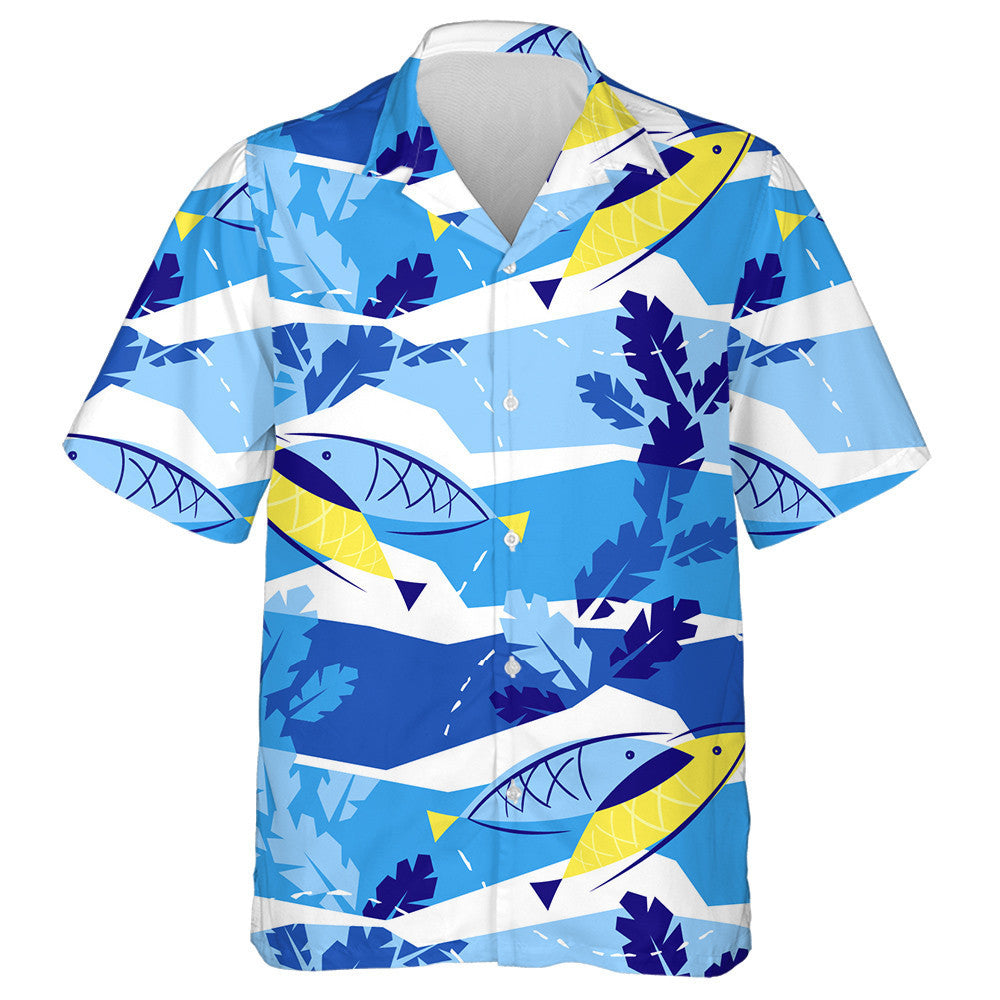 Blue And White Waves Background With Fish And Seaweed Hawaiian Shirt, Hawaiian Shirt Gift, Christmas Gift