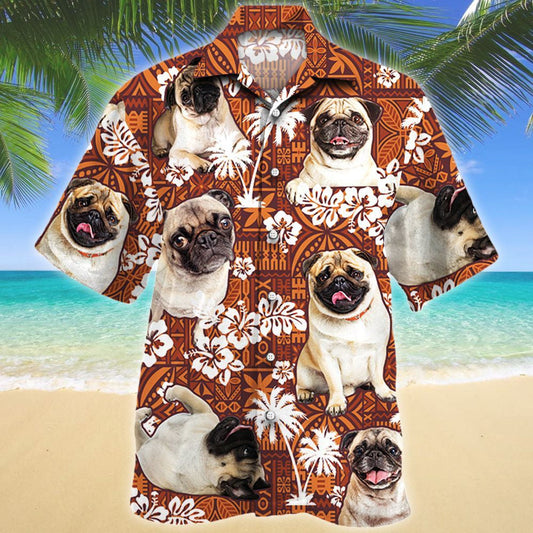 Pug Dogs Tilt Head Pattern Red Tribal Design Hawaiian Shirt, Hawaiian Shirt Gift, Christmas Gift