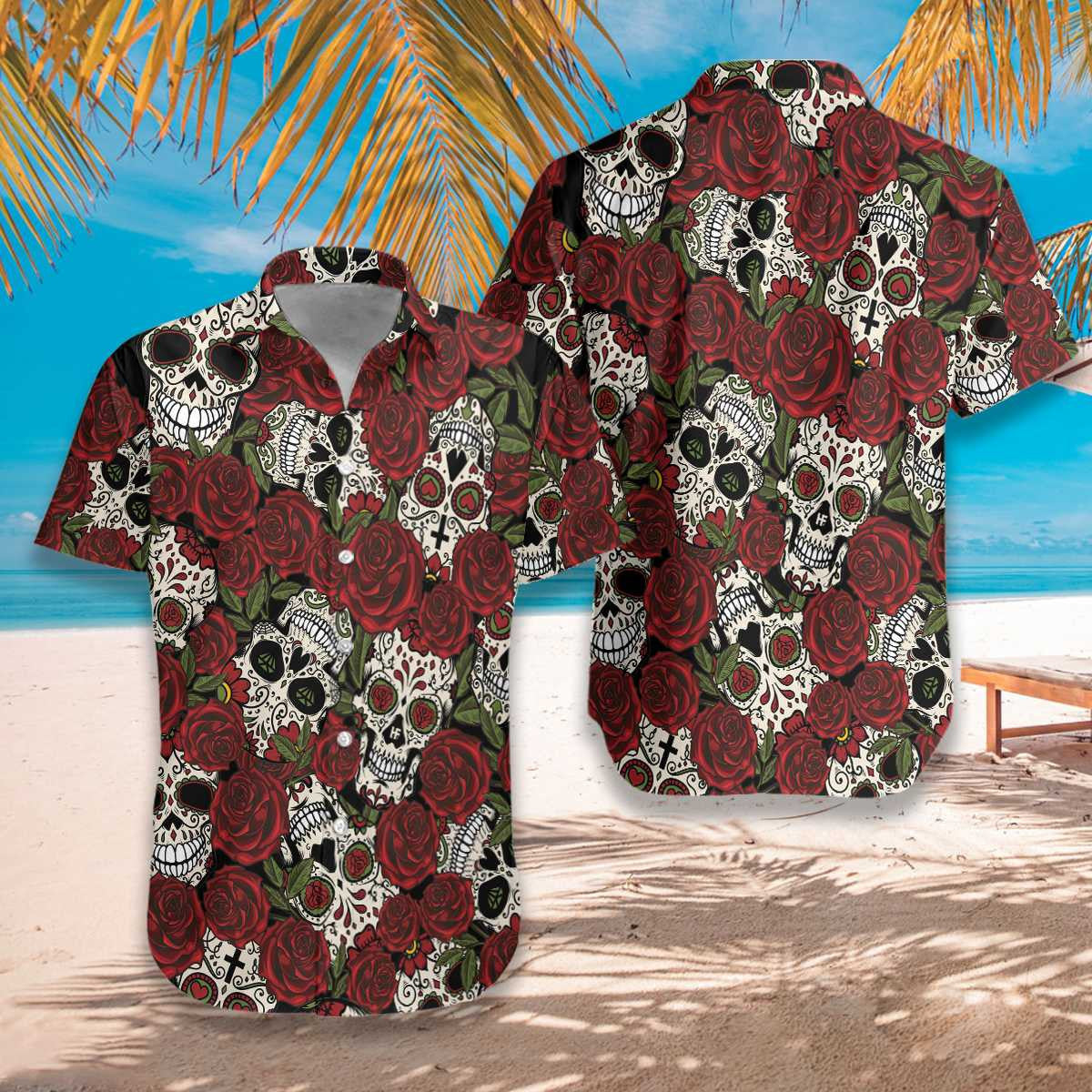 Red Rose And Skull Mexico Background Hawaiian Shirt,Hawaiian Shirt Gift, Christmas Gift