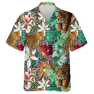 Wild African Leopard In Tropical Forest Geometric Background Hawaiian Shirt, Hawaiian Shirt Gift, Christmas Gift