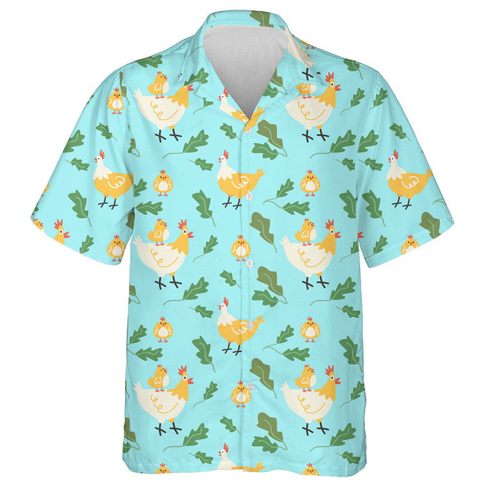 Cute Chickens Hens And Plants On Blue Background Hawaiian Shirt, Hawaiian Shirt Gift, Christmas Gift